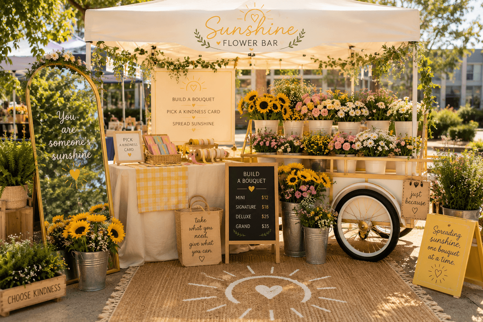 Sunshine Flower Bar's flower cart set up at an outdoor pop-up