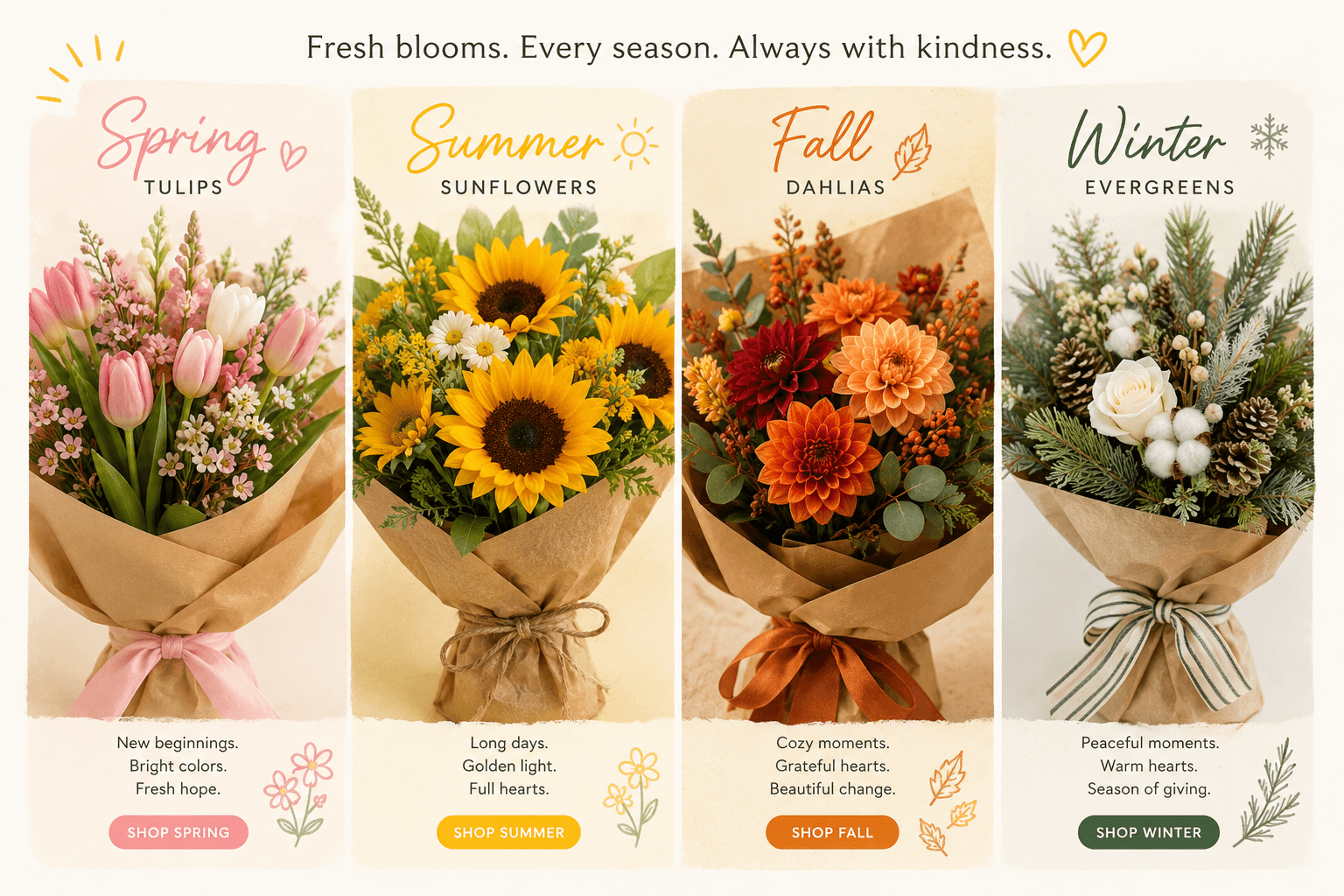 Seasonal menu showcasing spring, summer, fall, and winter flower selections